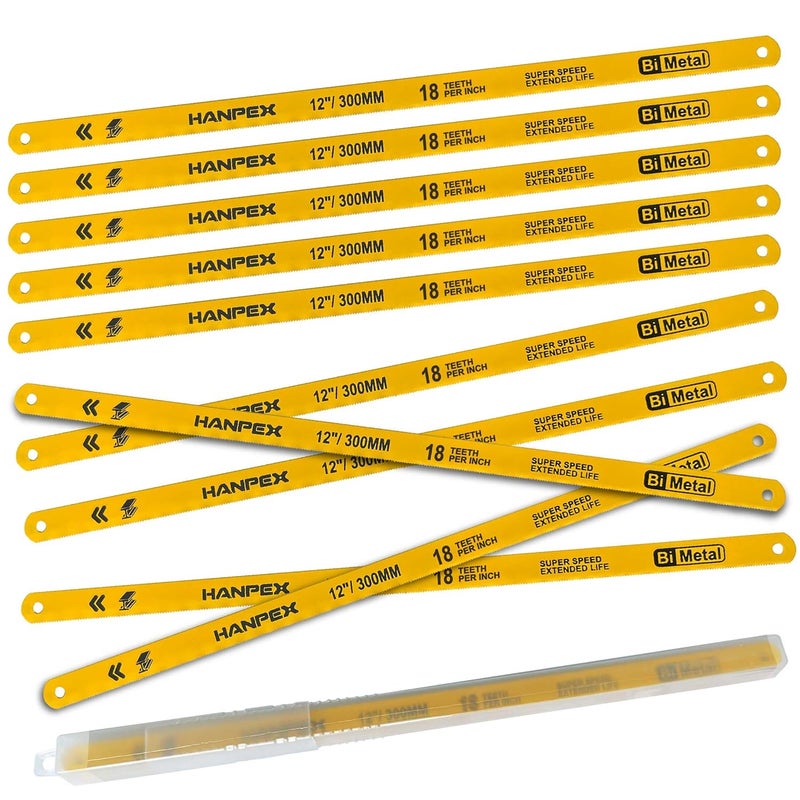 Hanpex Hacksaw Replacement Blades (10 Pack) High Speed 18 TPI - 12" Length Hack Saw Blade - Bi-Metal HSS Cutting Blades - Image 1
